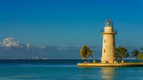 From the Boca Chita Lighthouse, see the Miami skyline across Biscayne Bay