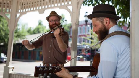 Musicians perform in a downtown gazebo