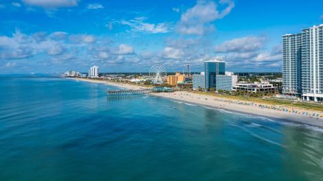 The world-famous Myrtle Beach Pier stretches into the Atlantic Ocean in Myrtle Beach, South Carolina