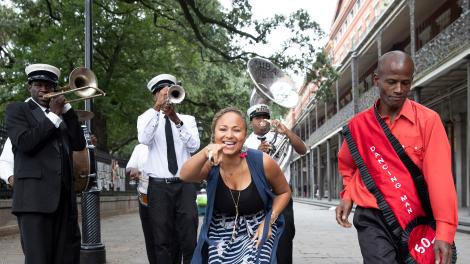 New Orleans jazz singer Robin Barnes with a second line band in the French Quarter