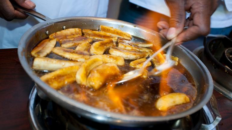 Indulge in Bananas Foster at finer restaurants around New Orleans for a decadent combination of flambéed bananas, cinnamon and rum served over ice cream.