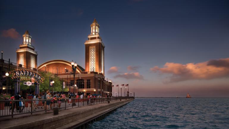 The Beer Garden at Navy Pier overlooking the Chicago Harbor