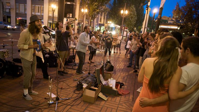 All the Apparatus band giving a signature street performance in downtown Portland, Oregon