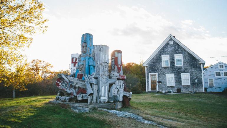 Outdoor sculpture installation at the Langlais Sculpture Preserve in Cushing, Maine