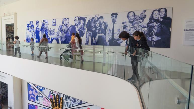 Portraits of activists from around the world hang on display in the lobby of the National Center for Civil and Human Rights in Atlanta