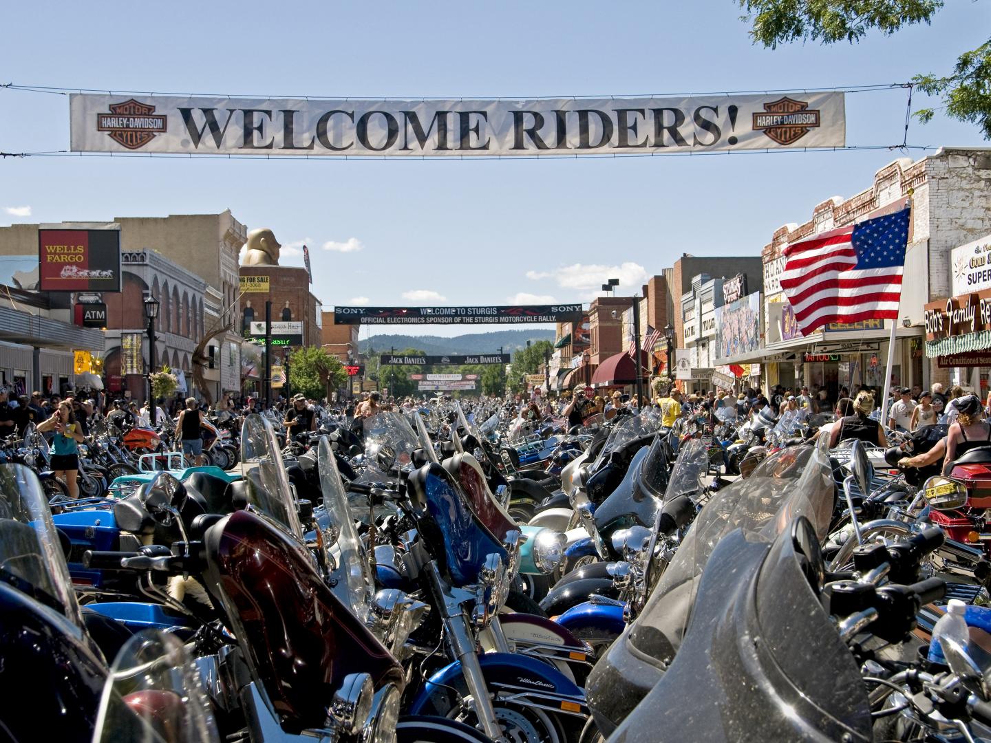 Motorcycles lining streets of Sturgis for the annual rally in August