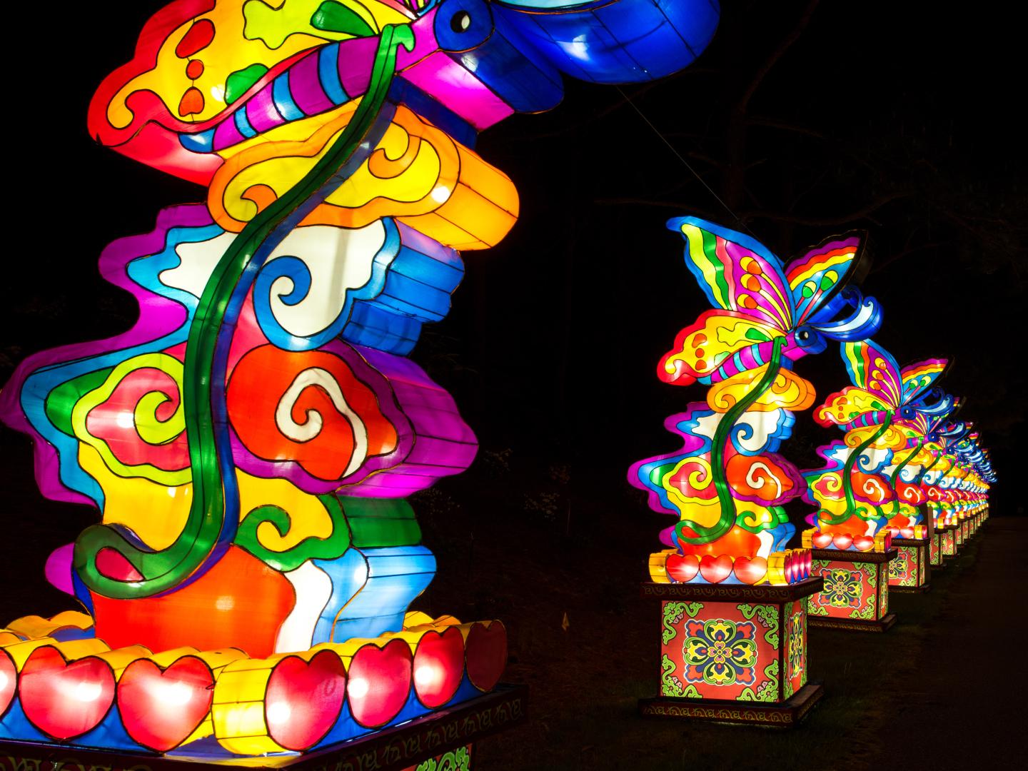 Coloridas linternas en una hilera en el Chinese Lantern Festival