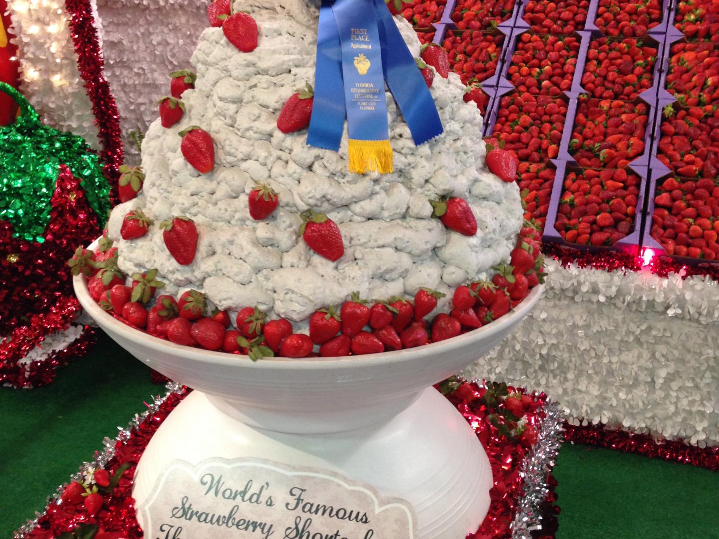 An award-winning strawberry shortcake on display among other strawberry delights at the Florida Strawberry Festival in Plant City