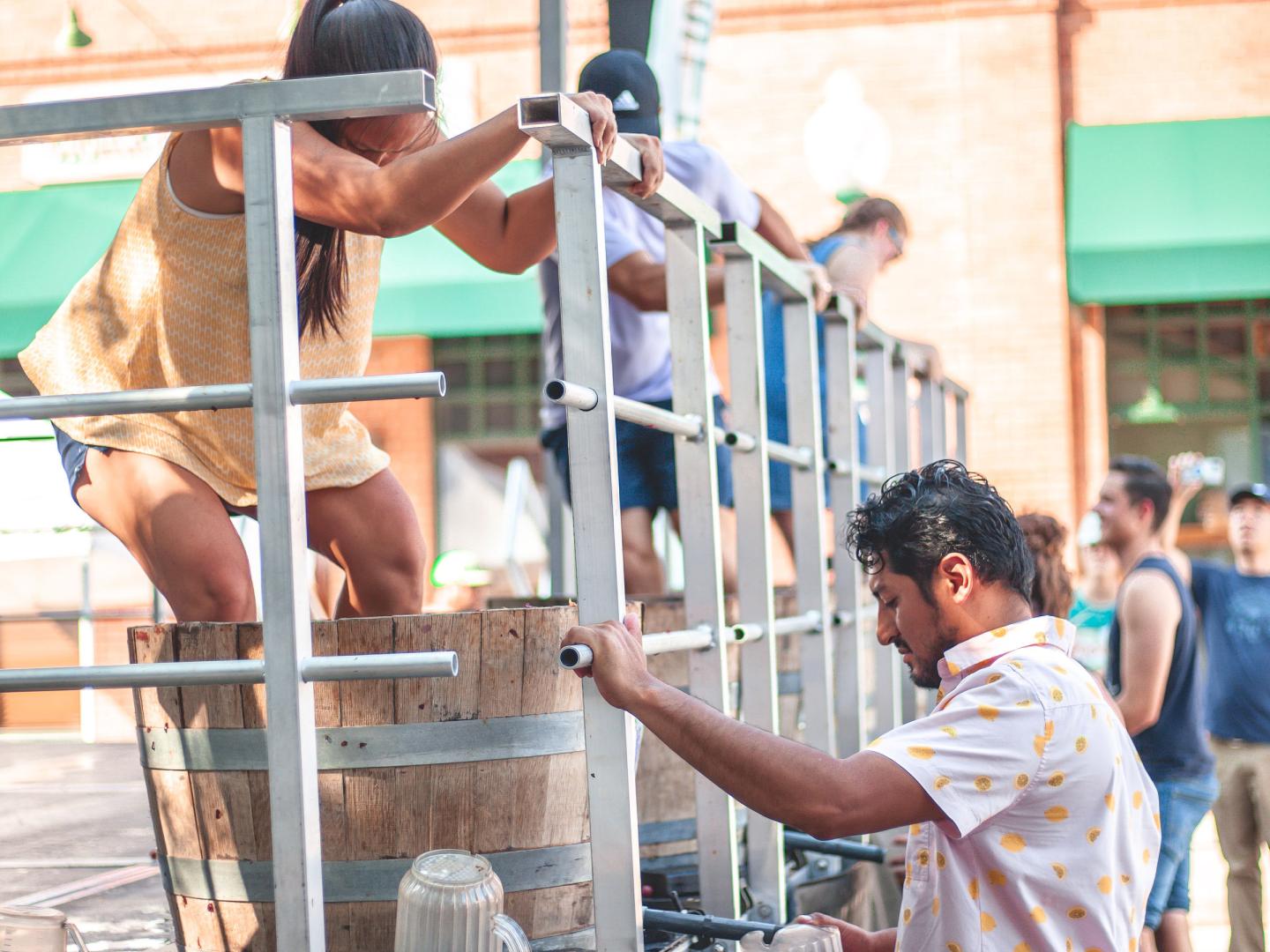 Stomping grapes to make wine during GrapeFest in Grapevine, Texas