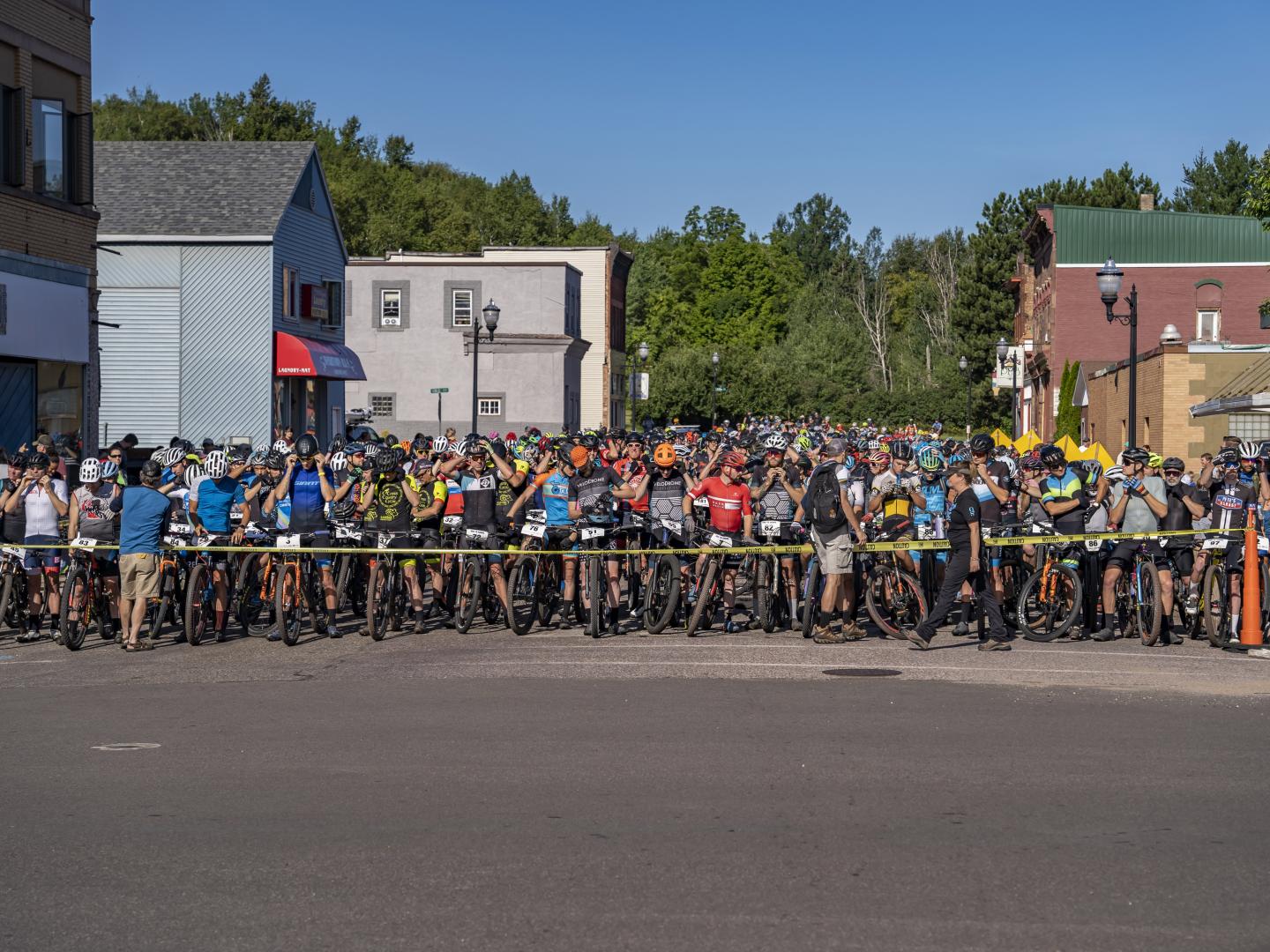 Competitors lining up to race in the Ore 2 Shore bike race in Marquette, Michigan