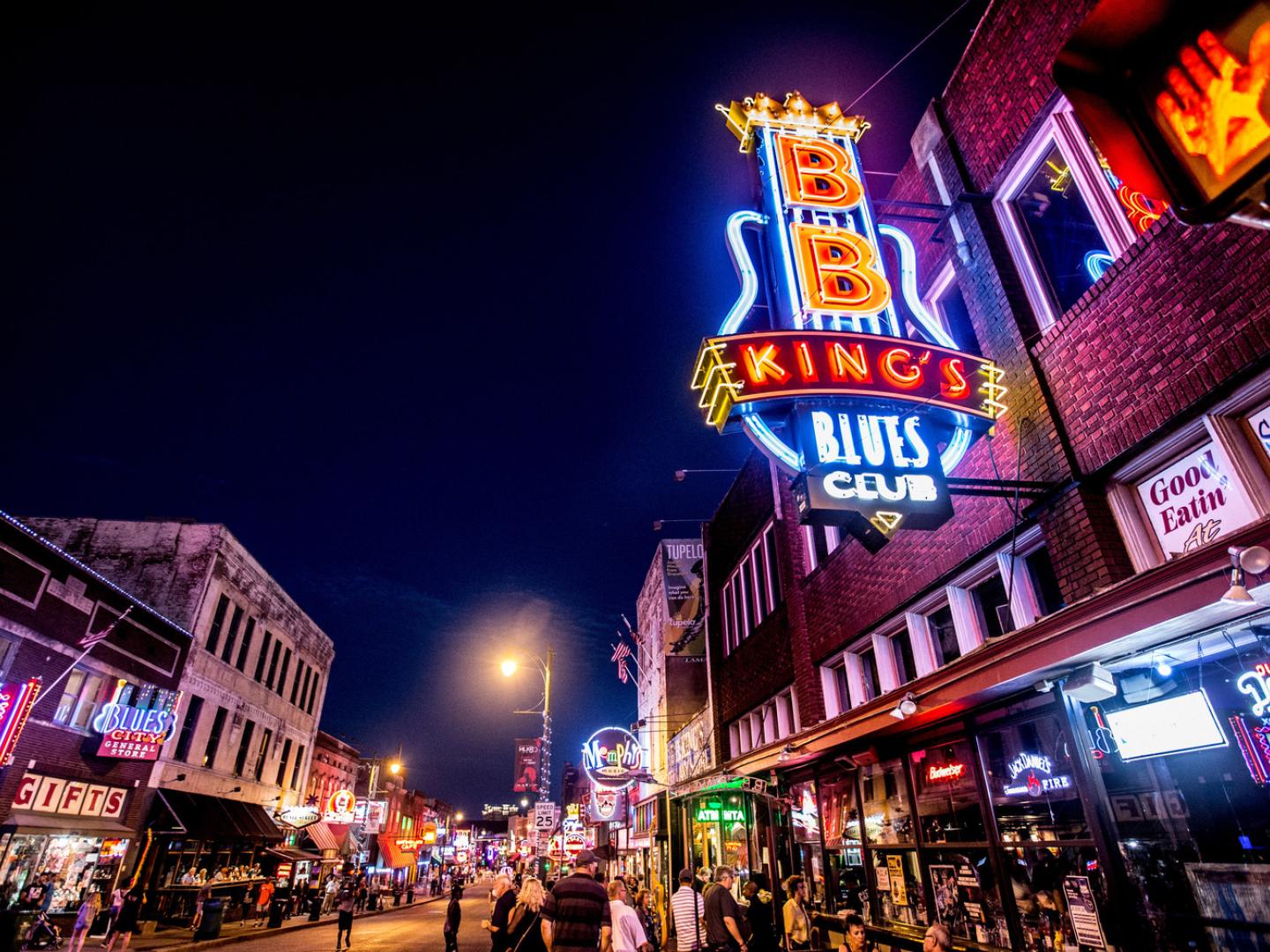Neon lights illuminating Beale Street in Memphis, Tennessee