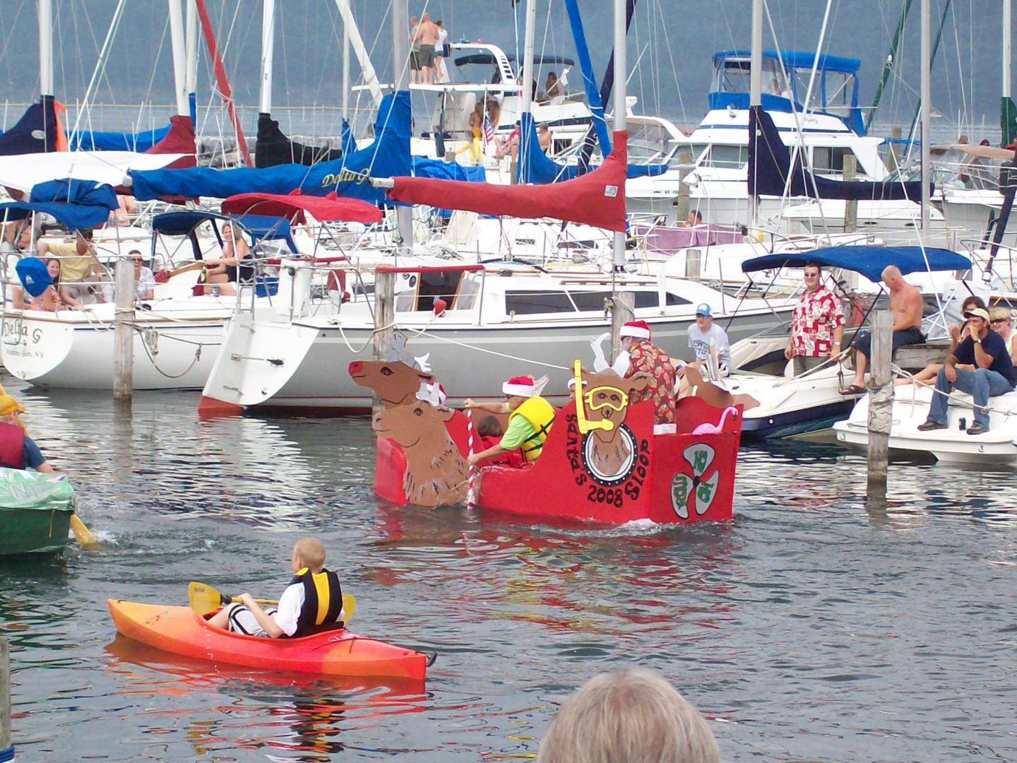 Decorated boats at the Waterfront Harbor Festival in Watkins Glen, New York