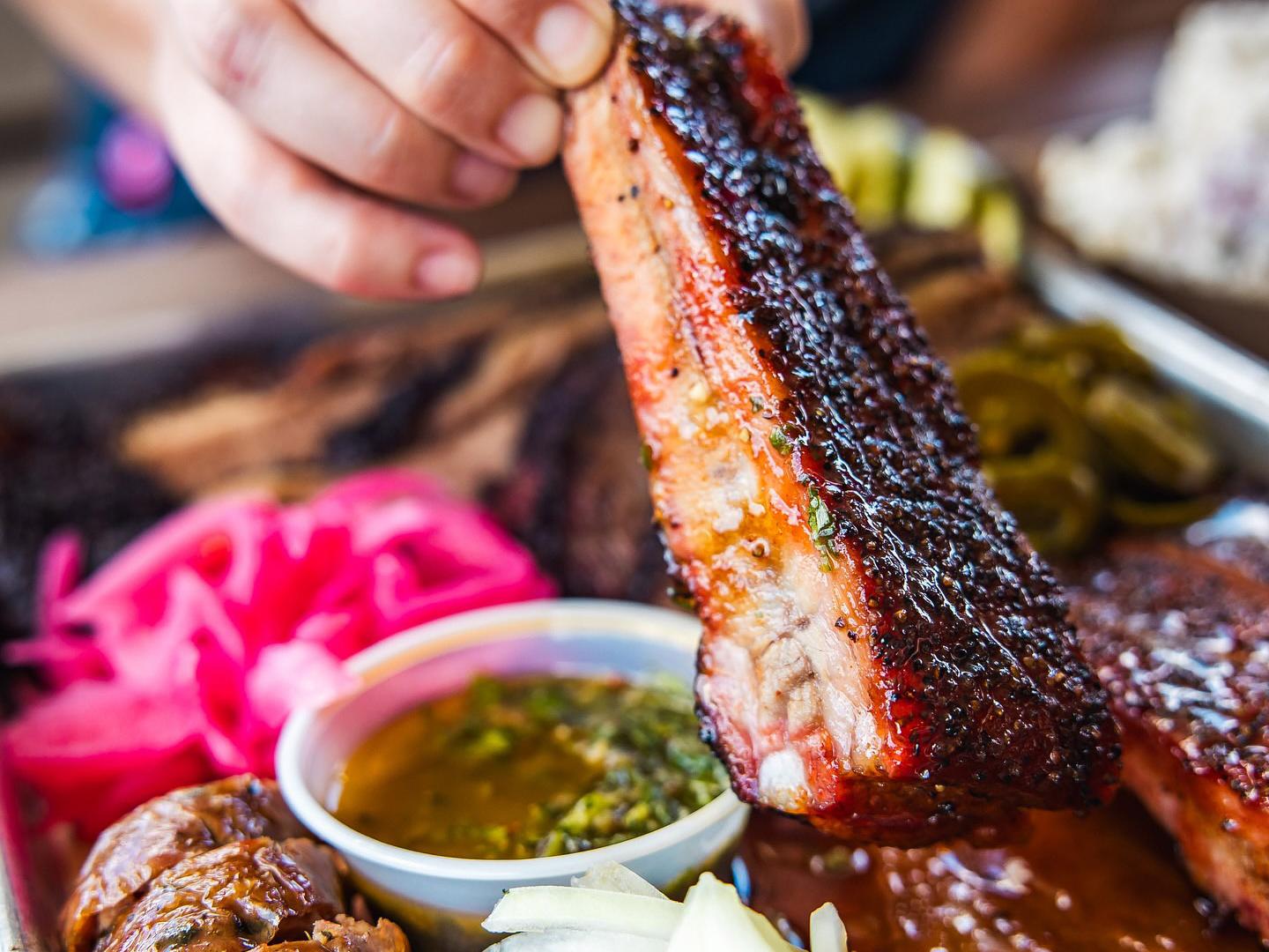 A meal of smoked ribs at Stiles Switch BBQ in Cedar Park, Texas
