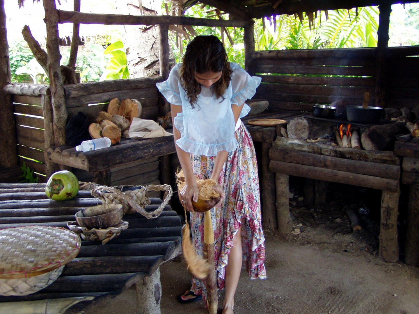 Coconut husking display at Gef Pa’go Cultural Village