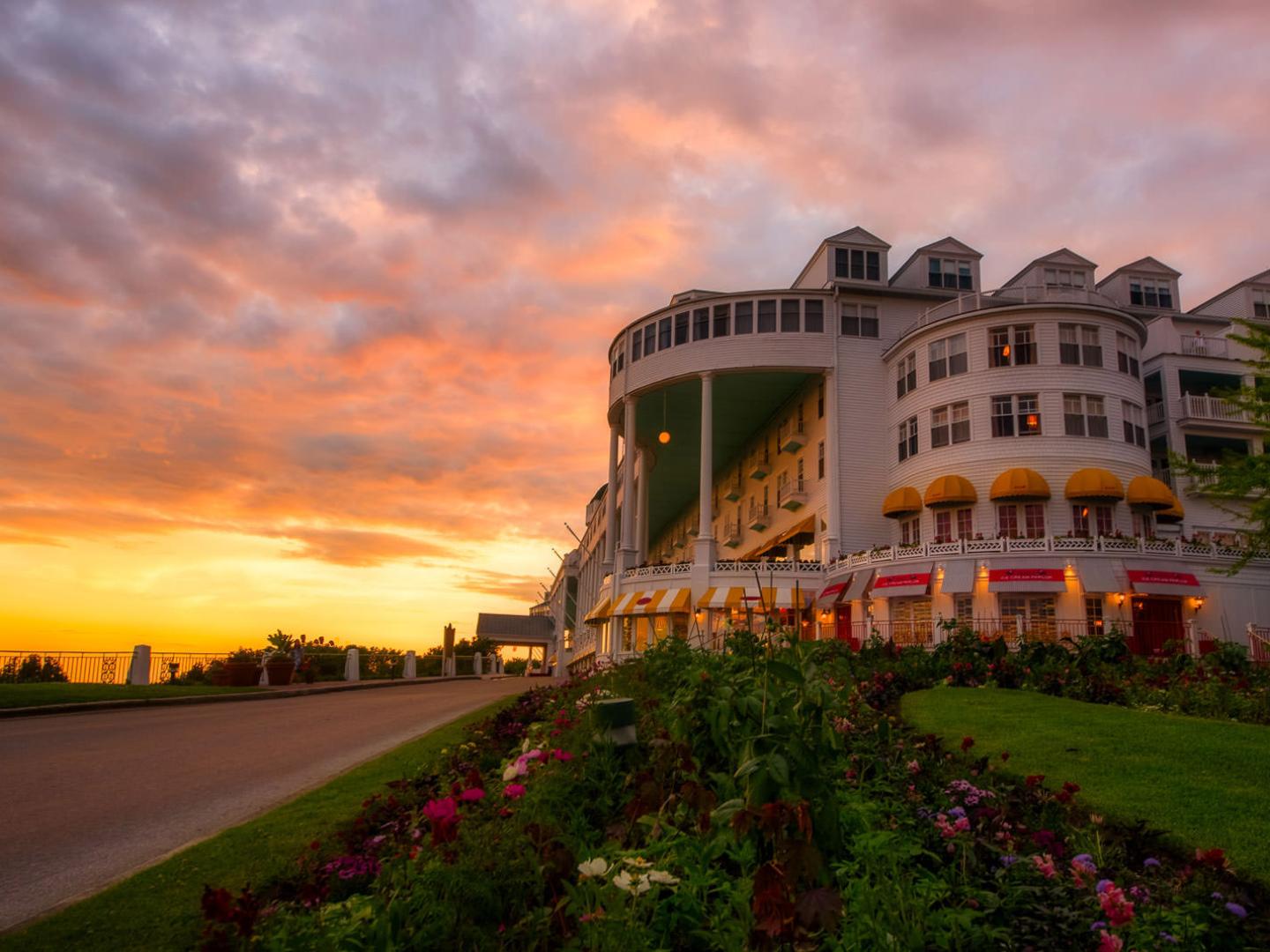 A colorful sky framing the Grand Hotel on Mackinac Island, Michigan