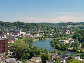 The Monongahela River winding through town