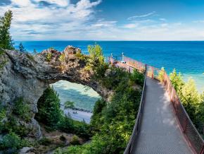 Arch Rock with a lookout over Lake Huron and M-185 highway Arch Rock with a lookout over Lake Huron and M-185 highway