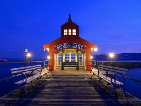 Evening falls over the Seneca Lake Pier House in Watkins Glen, New York