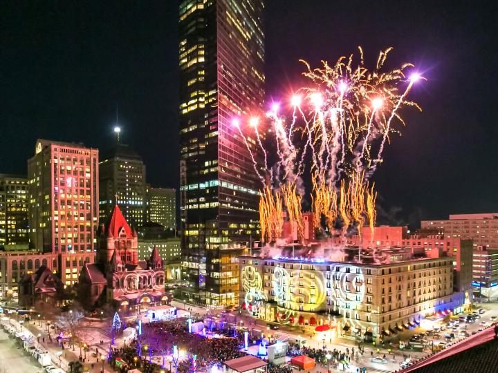 Fireworks over Boston, Massachusetts, during the annual First Night celebration