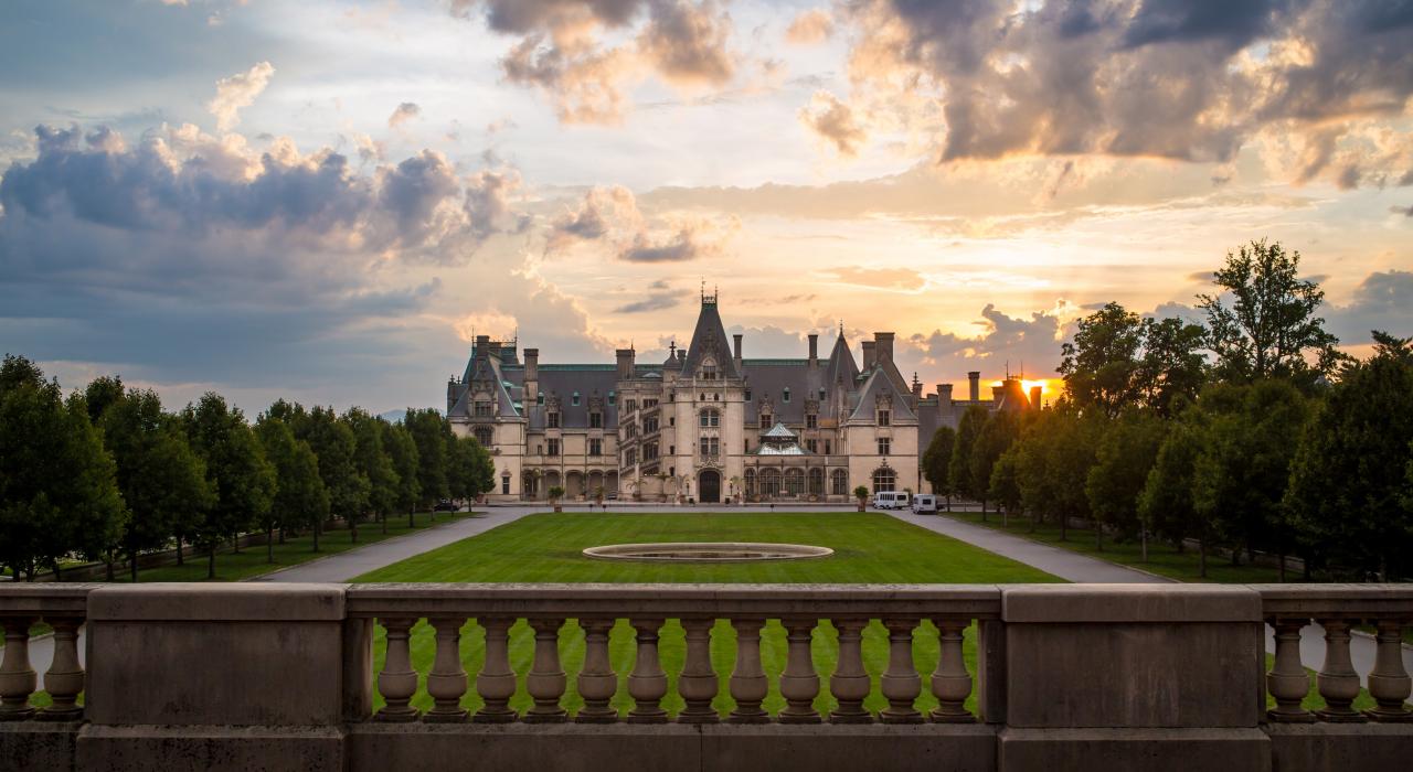 The historic Biltmore estate and gardens at sunset