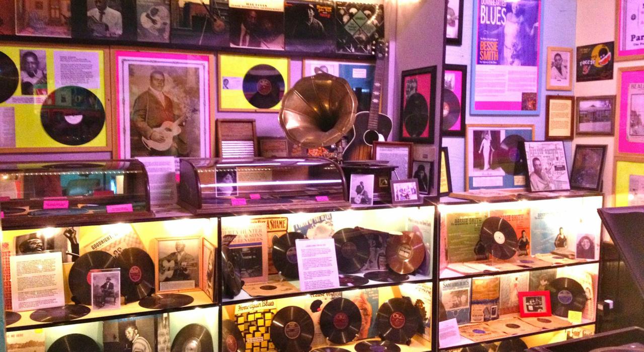 Records on display at the Rock and Blues Museum in Clarksdale, Mississippi