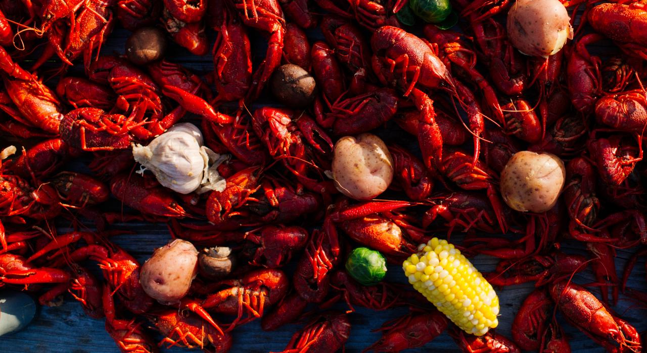 The spread at a crawfish boil ready for the feast