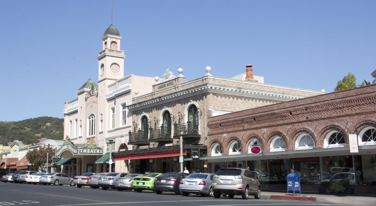 Historic buildings line streets in the eclectic Sonoma Plaza district