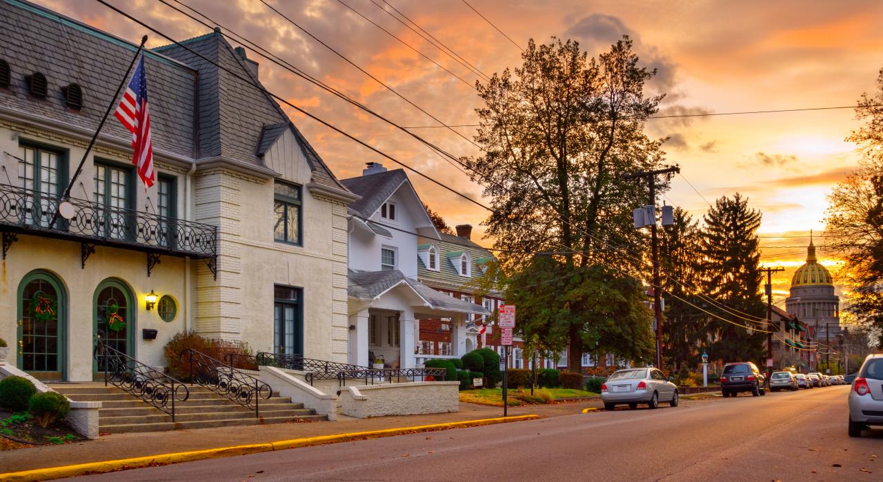Downtown street leading to the West Virginia Capitol building 