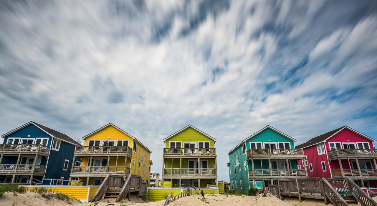 Vibrant beach houses lining the shoreline at Nags Head