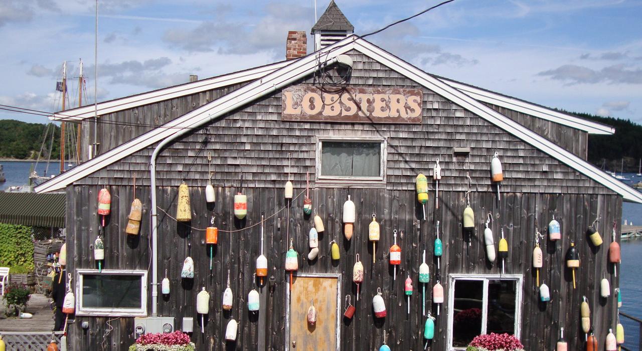 Buoys decorating a waterfront restaurant 