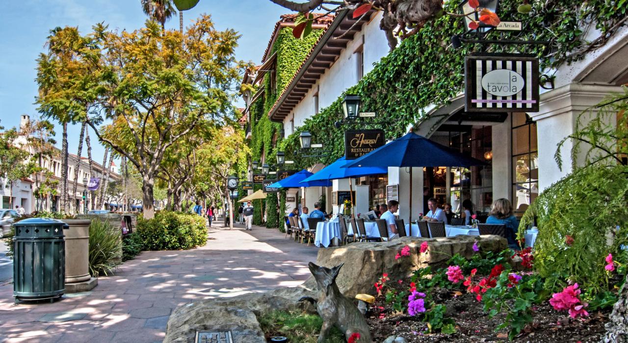 Shops lining picturesque and historic State Street in downtown Santa Barbara