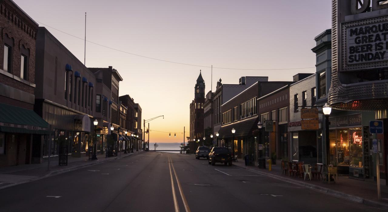 A peaceful morning on downtown’s Washington Street, leading to Lake Superior