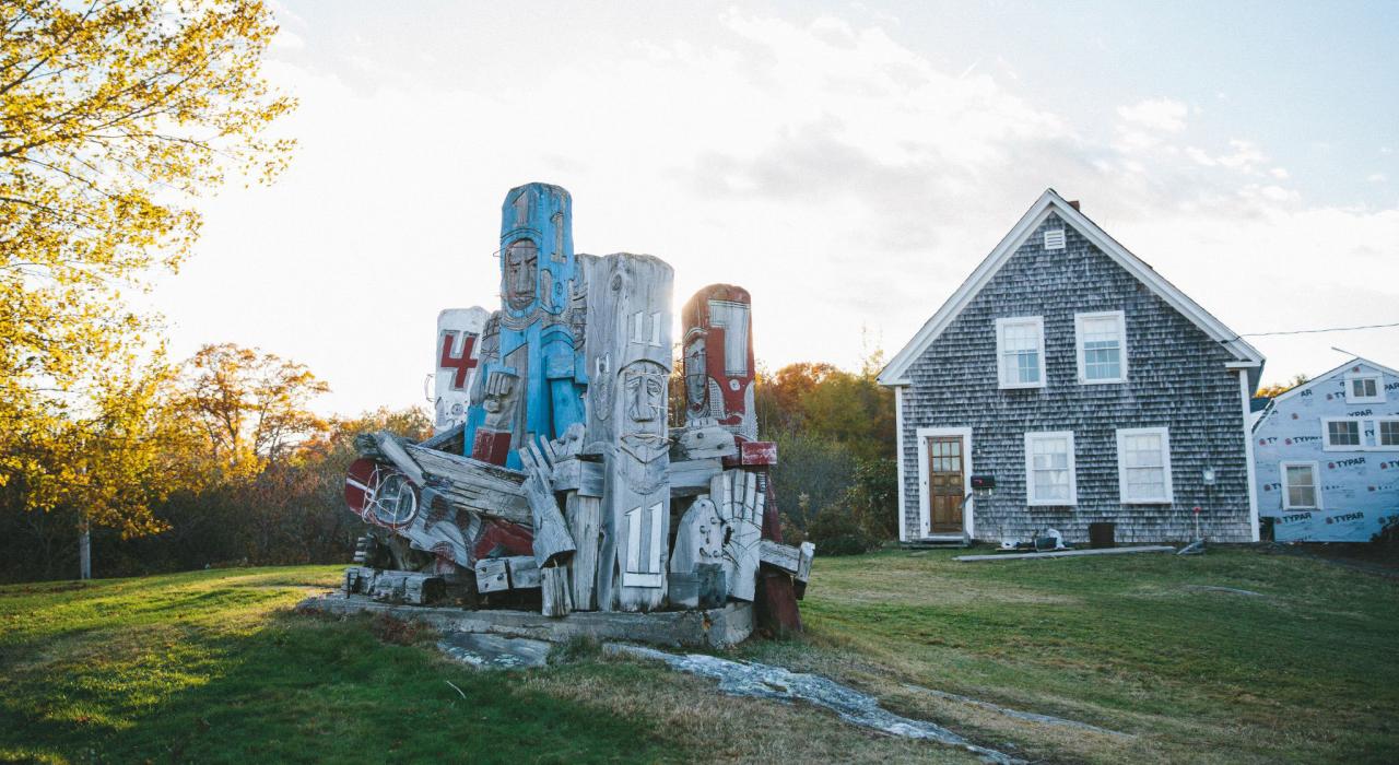 Outdoor sculpture installation at the Langlais Sculpture Preserve in Cushing, Maine