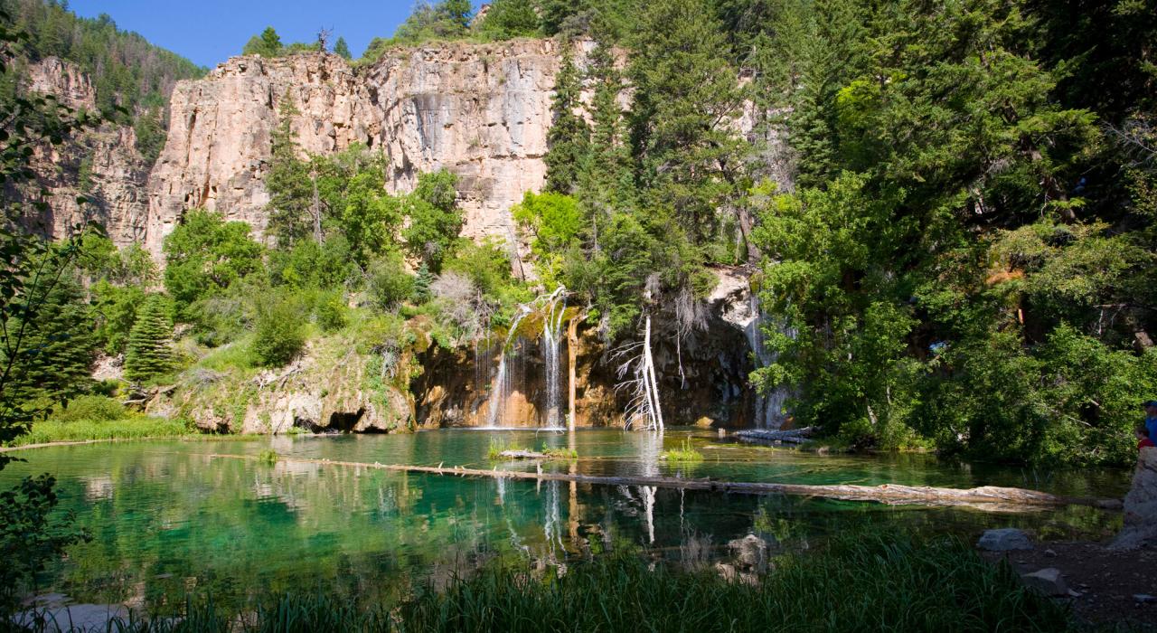 Waterfalls cascading over cliffs at Hanging Lake, a National Natural Landmark