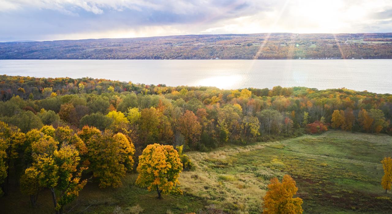 Aerial views of stunning fall colors surrounding Seneca Lake