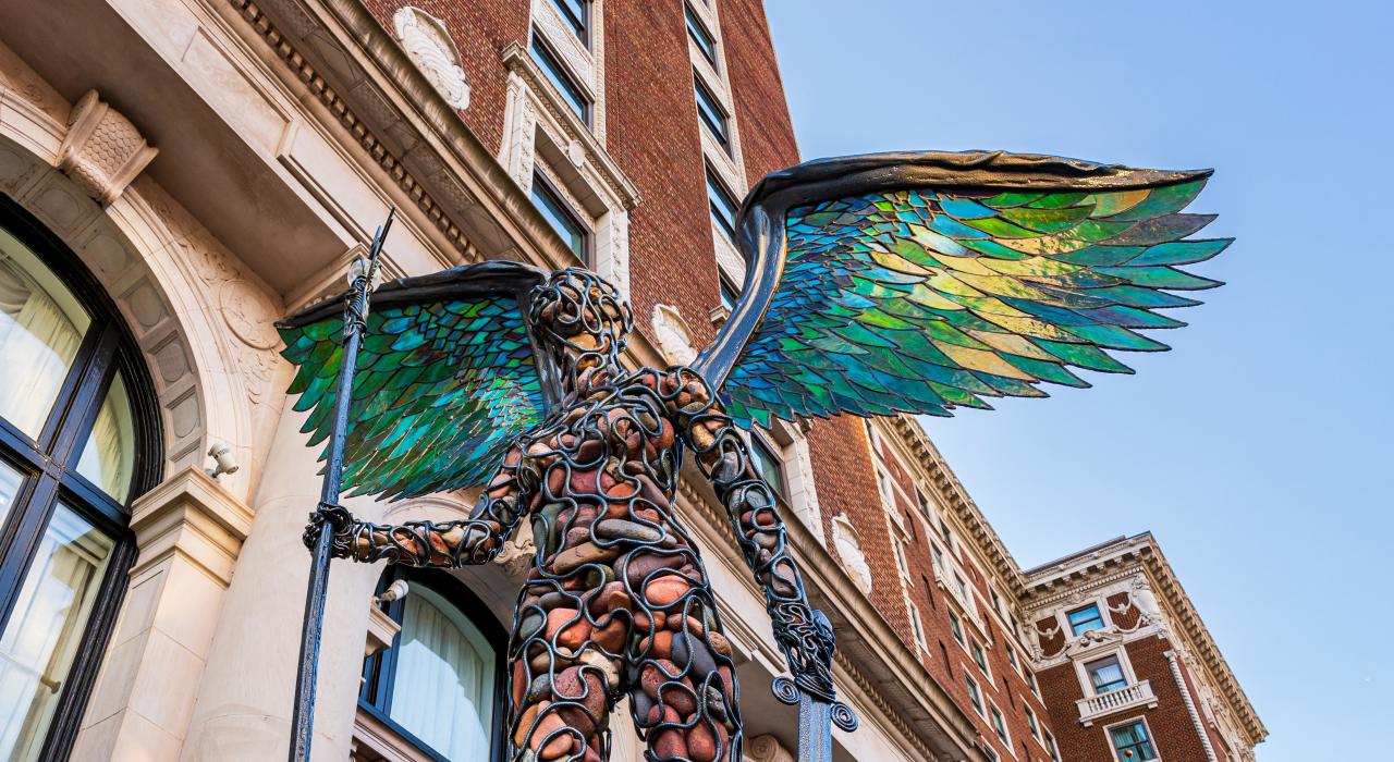 A multimedia sculpture by Ryan McCallister titled Count on Me stands tall during the annual ArtPrize festival