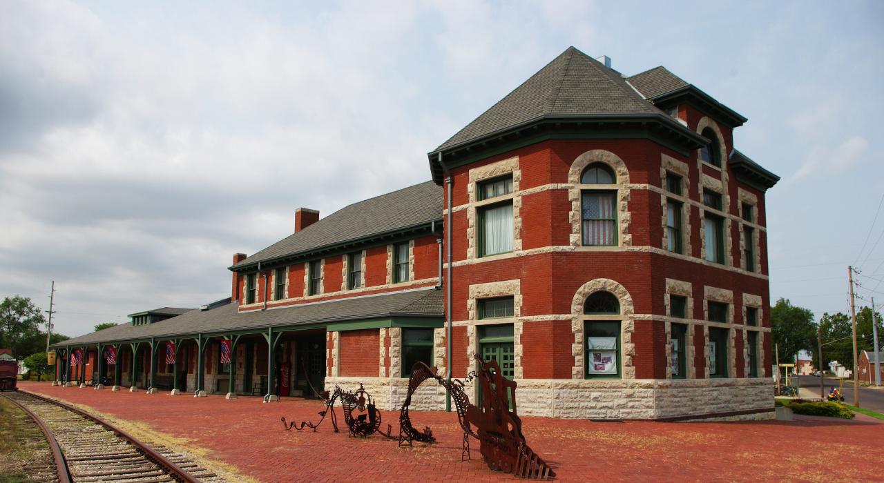 The striking red brick exterior of the restored Katy Depot, originally built in 1896